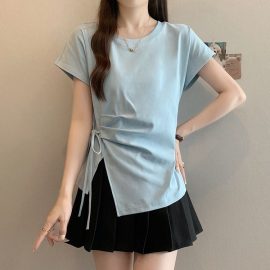 Plus-size irregular split shoulder short-sleeved T-shirt