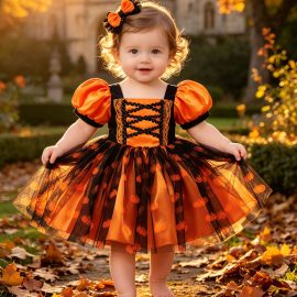 2026 Summer New Style Pumpkin Print Puff Sleeve Baby Dress