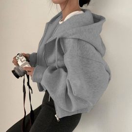 Lazy style loose hooded sweatshirt jacket