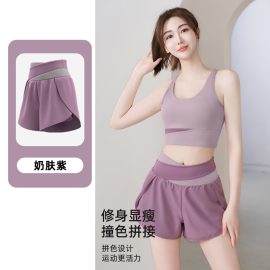 Color Matching Women's Running Fitness See-Through Quick-Drying Side Pocket Anti-Exposure Fake Two-Piece Yoga Sports Shorts