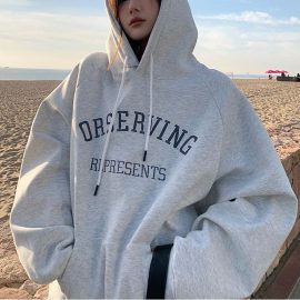 American retro pure cotton plus size hooded fleece-lined sweatshirt