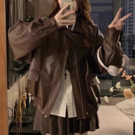 2025 New Women's Autumn/Winter American Style Petite Leather Jacket/Spring/Autumn Top
