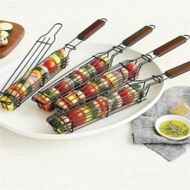 Mini grill basket, barbecue rack, chicken grill rack, electroplated wooden handle, non-stick design.