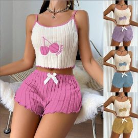 Cherry pajamas, women's brushed camisole vest shorts set