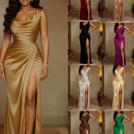 Elegant Women Sleeveless Long Dress Draped Slim Party Dress