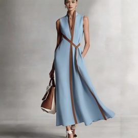 New Style Stand Collar Sleeveless Casual Color-Blocking Loose Dress