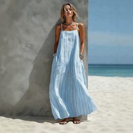 Women Summer sexy camisole dress fashion stripe long skirt