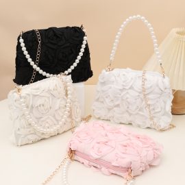 Rose-patterned handbags and crossbody bags with pearl and gold chains