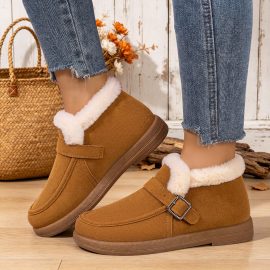 Fleece-lined warm leather ankle boots