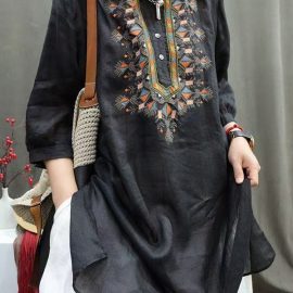 Summer Heavy-Duty Retro Embroidered Shirt Mid-Length Loose Cotton and Linen Style Shirt Casual Literary Pullover Top