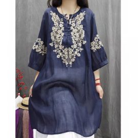 New Chinese style heavy embroidery cotton and linen mid-sleeve pullover