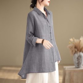 Women's cotton and linen stand-up collar long-sleeved shirt