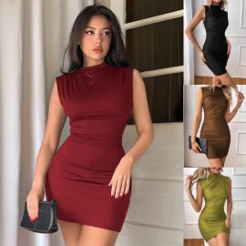 Round-neck hip-hugging dress, women's sleeveless knit high-elastic bodycon dress