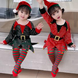 Christmas Costume Kids Female Elf Green Red Sequin Dress