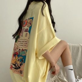Women's 100% Cotton Cartoon Short-Sleeve Japanese Style Oversized Summer Loose Fit Niche