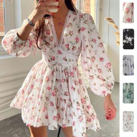 Sweet and Elegant Waist-Cinching Printed Lace Short Dress