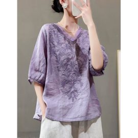 Ramie V-neck designer short-sleeved T-shirt