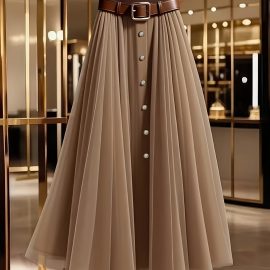 2026 Summer New Plus Size Women's Design Pleated Mesh Midi Skirt, High Waist, Slimming A-line Skirt