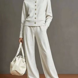 New Solid Color Stand Collar Cardigan Sweatshirt Wide-Leg Pants Set